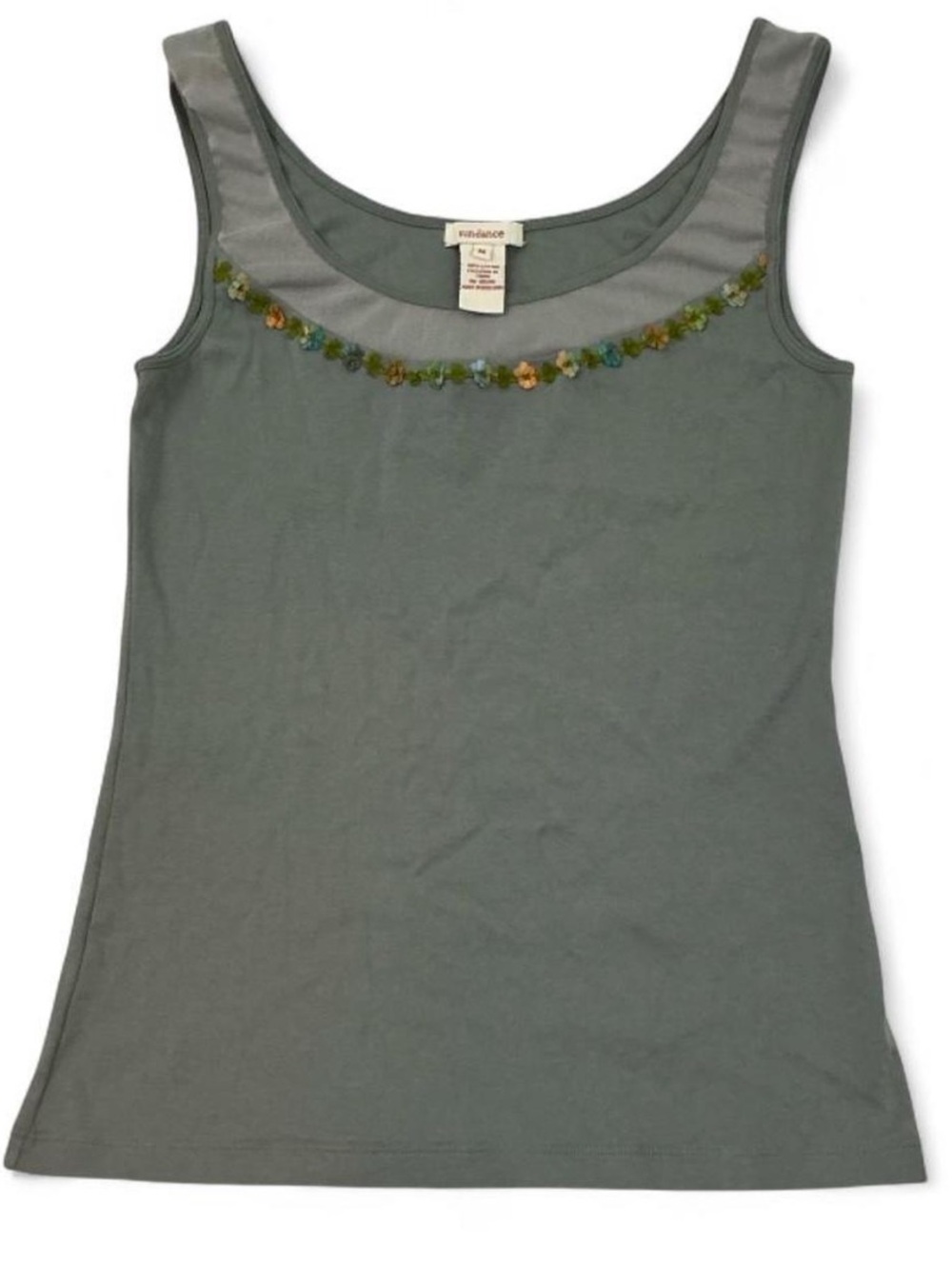 Sundance sage green scoop-neck tank with multicolor embroidered trim